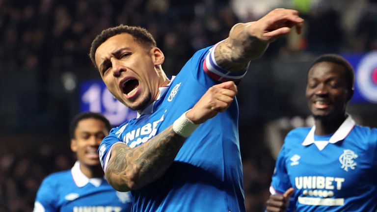 Rangers' James Tavernier celebrates scoring a penalty against Kilmarnock