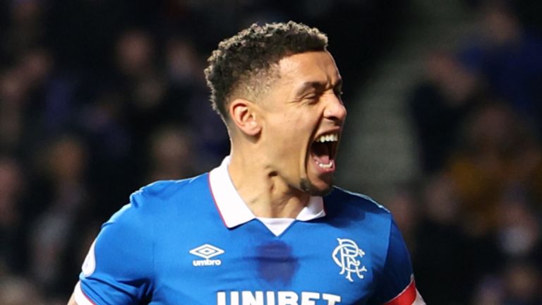 Rangers' James Tavernier celebrates scoring a penalty against Kilmarnock