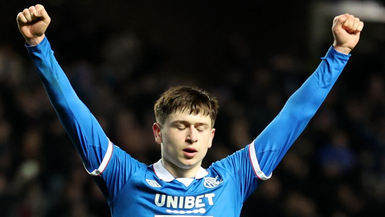 Rangers' Mikey Moore celebrates scoring the fifth goal against Kilmarnock