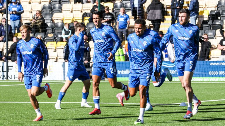 LIVINGSTON, SCOTLAND - SEPTEMBER 28: A general view of the Rangers squad warming up during a William Hill Premiership match between Livingston and Rangers at the Home of the Set Fare Arena, on September 28, 2025, in Livingston, Scotland. (Photo by Alan Harvey / SNS Group)