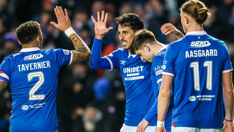 GLASGOW, SCOTLAND - FEBRUARY 04: Rangers' Bojan Miovski  (centre) celebrates scoring to make it 2-0 with James Tavernier during a William Hill Premiership match between Rangers and Kilmarnock at Ibrox Stadium, on February 04, 2026, in Glasgow, Scotland. (Photo by Alan Harvey / SNS Group)