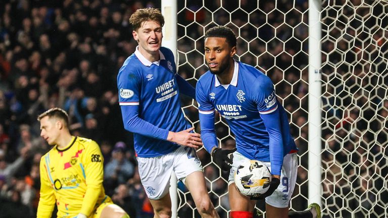 Rangers' Youssef Chermiti (R) celebrates 