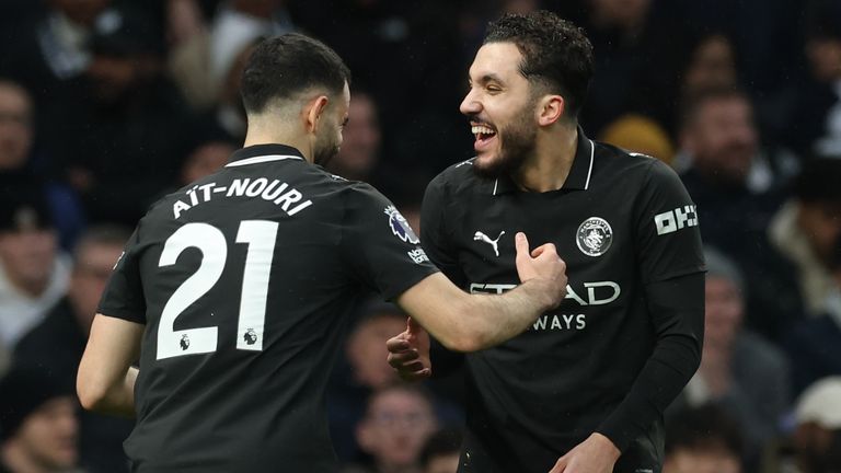 Manchester City's Rayan Cherki (right) celebrates scoring his side's opening goal (AP Photo/Richard Pelham)