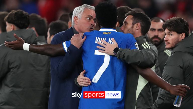 Vinicius Junior and Jose Mourinho during Real Madrid's Champions League tie against Benfica.