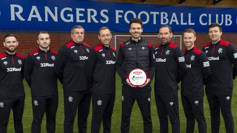 Scottish Premiership manager of the month for January, Danny Röhl, alongside his Rangers backroom staff