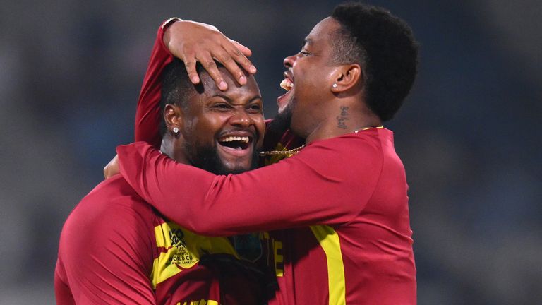 Romario Shepherd (left) took a hat-trick for West Indies in the T20 World Cup game against Scotland in Kolkata (Getty Images)