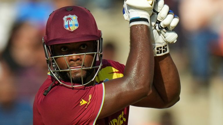 West Indies' Romario Shepherd plays a shot during the 2026 Men's T20 World Cup (Associated Press)