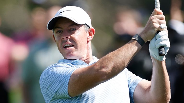 Rory McIlroy, from Northern Ireland, hits from the rough off the second fairway during the final round of the Genesis Invitational golf tournament at Riviera Country Club, Sunday, Feb. 22, 2026, in the Pacific Palisades area of Los Angeles. (AP Photo/Caroline Brehman)