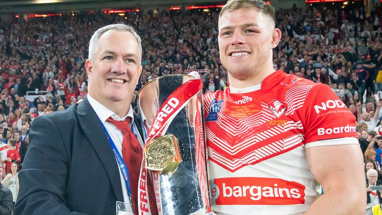 Picture by Allan McKenzie/SWpix.com - 24/09/2022 - Rugby League - Betfred Super League Grand Final - St Helens v Leeds Rhinos - Old Trafford, Manchester, England - Mike Rush & Morgan Knowles with the Betfred Super League trophy.