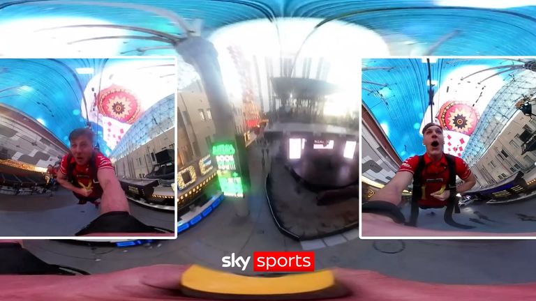 Hull KR’s flying wingers Tom Davies and Noah Booth travelled down the SlotZilla Zipline on Fremont Street, Las Vegas.