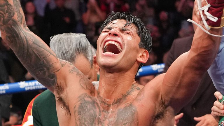 Ryan Garcia celebrates after his win over Mario Barrios 