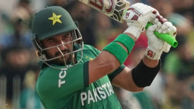 Pakistan's Sahibzada Farhan plays a shot during the T20 World Cup (Associated Press)