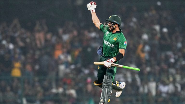 Pakistan's Sahibzada Farhan celebrates his century during the T20 World Cup against Sri Lanka (AP Photo/Eranga Jayawardena)