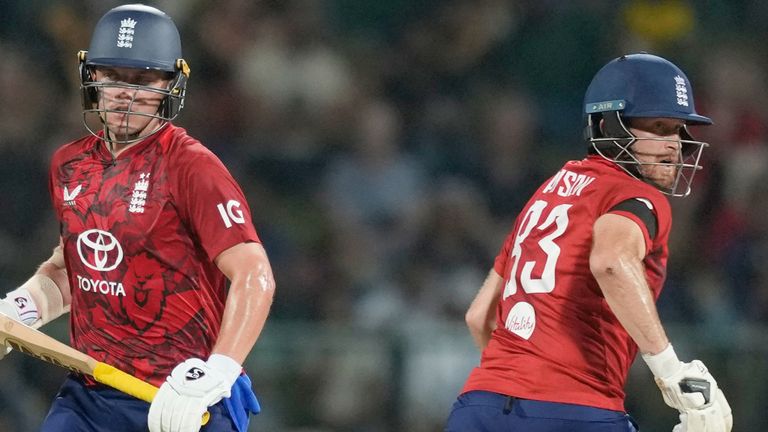 England's Sam Curran and Liam Dawson run between the wickets to score during the third T20 cricket match between England and Sri Lanka
