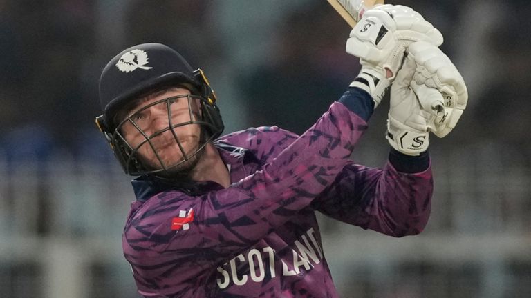 Scotland captain Richie Berrington hits a six during the 2026 Men's T20 World Cup (Associated Press)