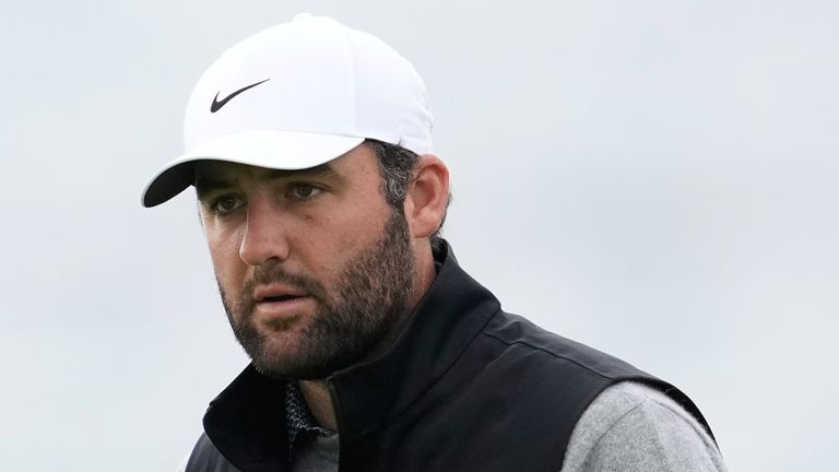 Scottie Scheffler reacts after putting on the fifth hole at Pebble Beach Golf Links during the final round of the AT&T Pebble Beach