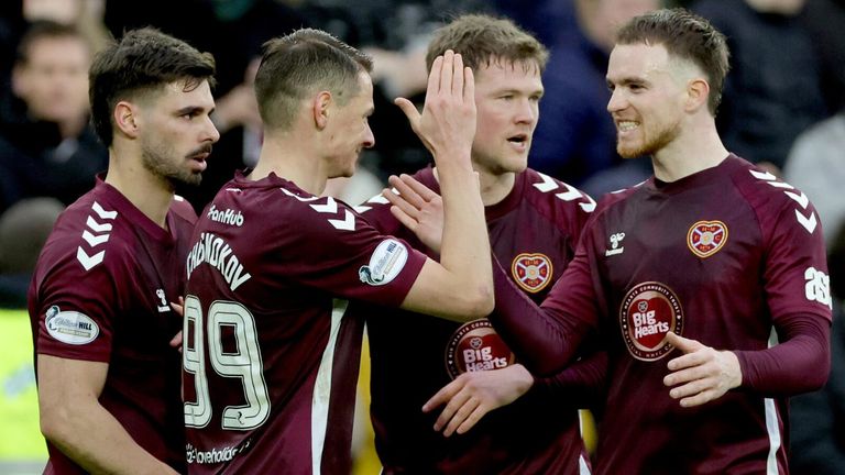 Islam Chesnokov celebrates with his team-mates after scoring Hearts' opening goal against Falkirk
