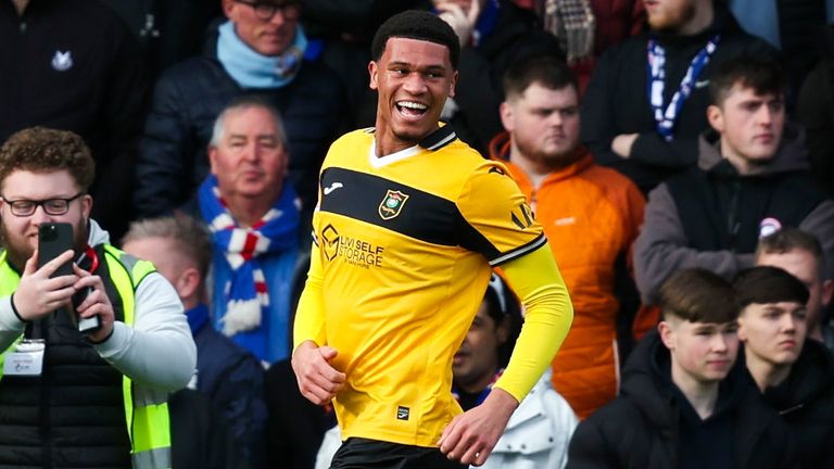 Brooklyn Kabongolo celebrates after giving Livingston the lead against Rangers