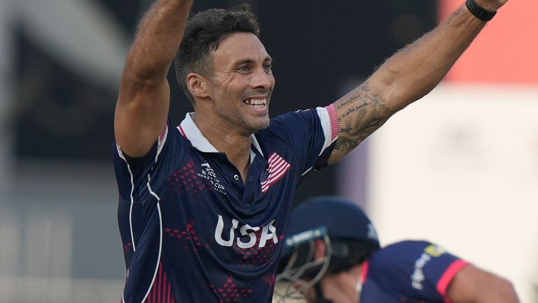 United States' Shadley Van Schalkwyk celebrates the wicket of Namibia's Jan Frylinck