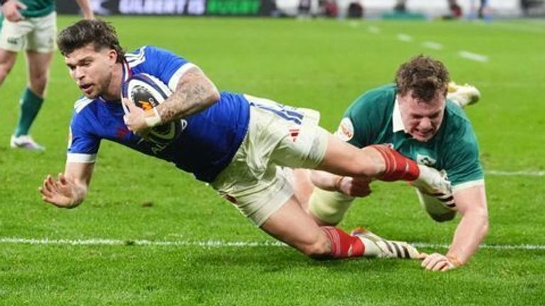 France's Mathieu Jalibert scores their second try during Six Nations match