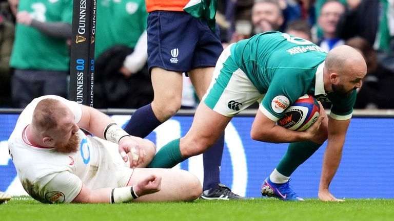 Jamison Gibson-Park scores Ireland's opening try at Twickenham