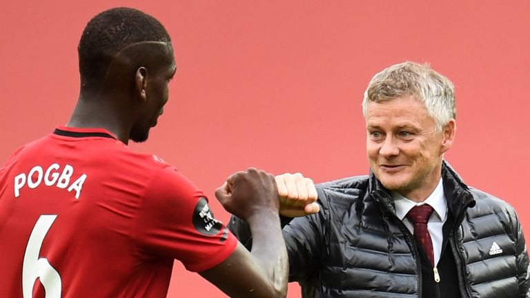 Paul Pogba and Ole Gunnar Solskjaer celebrate after his two goals helped Man Utd to a 4-1 win over Bournemouth in 2018