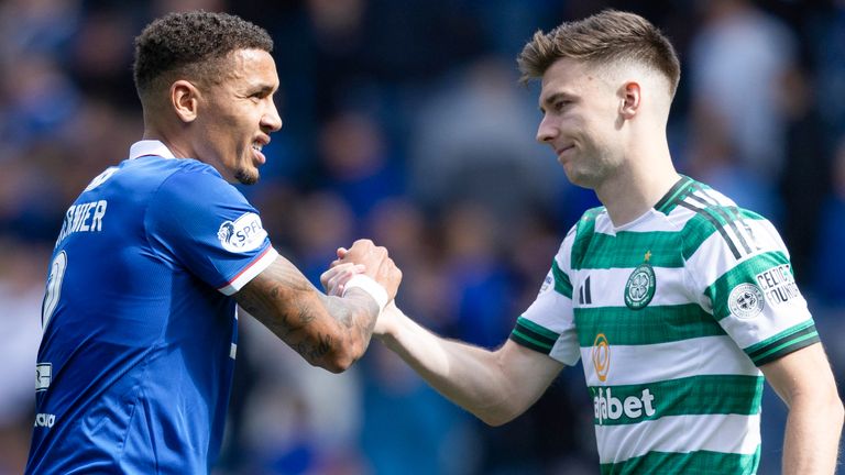 GLASGOW, SCOTLAND - AUGUST 31: Rangers' James Tavernier and Celtic's Kieran Tierney shake hands at full time during a William Hill Premiership match between Rangers and Celtic at Ibrox Stadium, on August 31, 2025, in Glasgow, Scotland. (Photo by Craig Foy / SNS Group)