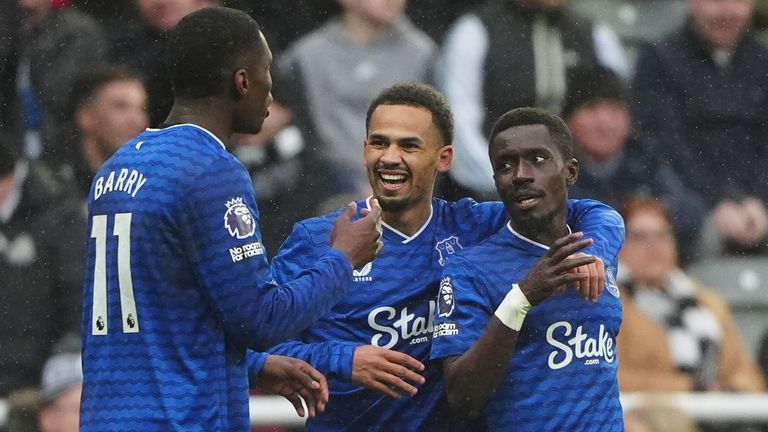 Everton's Thierno Barry (left) celebrates with team-mates after scoring their third goal 