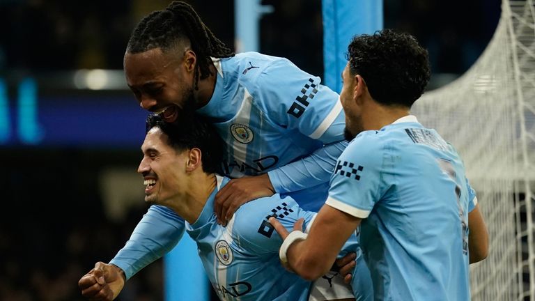 Manchester City players celebrate after Tijjani Reijnders scored against Newcastle (AP Photo/Dave Thompson)
