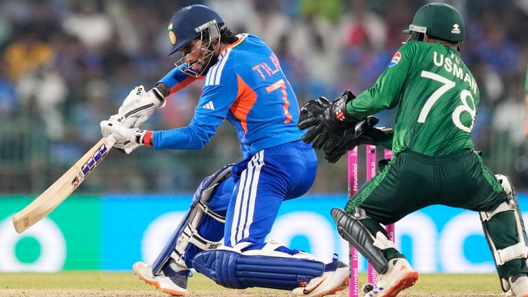 India's Tilak Varma plays a shot during the T20 World Cup cricket match between India and Pakistan in Colombo, Sri Lanka, Sunday, Feb. 15, 2026. (AP Photo/Eranga Jayawardena)