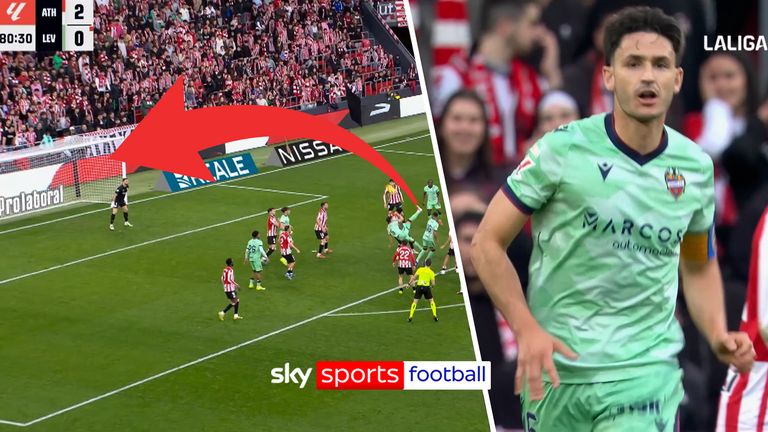 Levante Unai Elgezabal scores an incredible bicycle kick against Athletic Club in the 81st minute to half the deficit at the time, and barely celebrates after pulling off the goal.