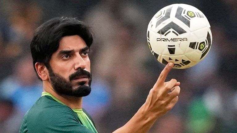 Pakistan's Usman Tariq balances a soccer ball on his fingers during warm-up during the 2026 Men's T20 World Cup (related report)