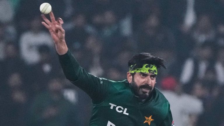 Pakistan's Usman Tariq bowls during the second T20 cricket match between Pakistan and Australia, in Lahore, Pakistan, Saturday, Jan. 31, 2026. (AP Photo/K.M. Chaudary)