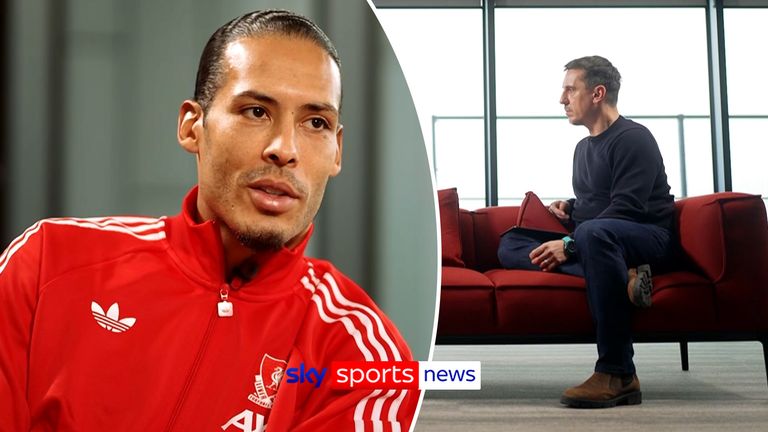 Virgil van Dijk speaks to Gary Neville.