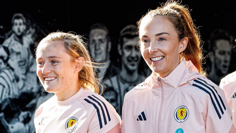 DUNFERMLINE, SCOTLAND - OCTOBER 27:Erin Cuthbert (L) and Caroline Weir during a Scotland Women's National Team training session at KDM Group East End Park, on October 27, 2025, in Dunfermline, Scotland. (Photo by Ross Parker / SNS Group)