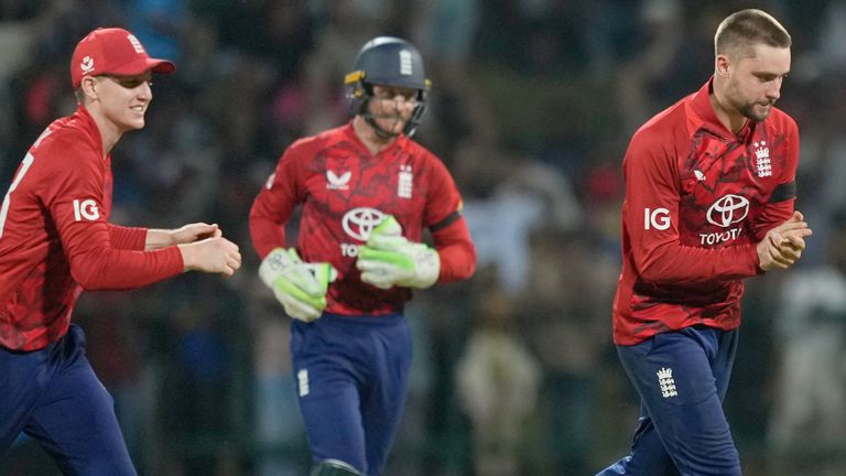 England's Will Jacks (right) celebrates the wicket of Sri Lanka's Janice Liyanage with his teammates during the third T20 cricket