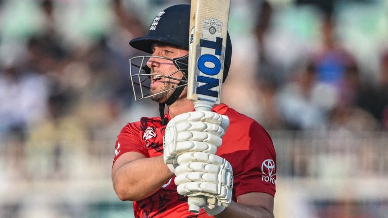 England's Will Jacks watches the ball after playing a shot during the 2026 ICC Men's T20 Cricket World Cup group stage match between England