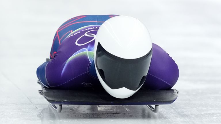 Great Britain's Matt Weston during the Men's Skeleton Heats at the Cortina Sliding Centre