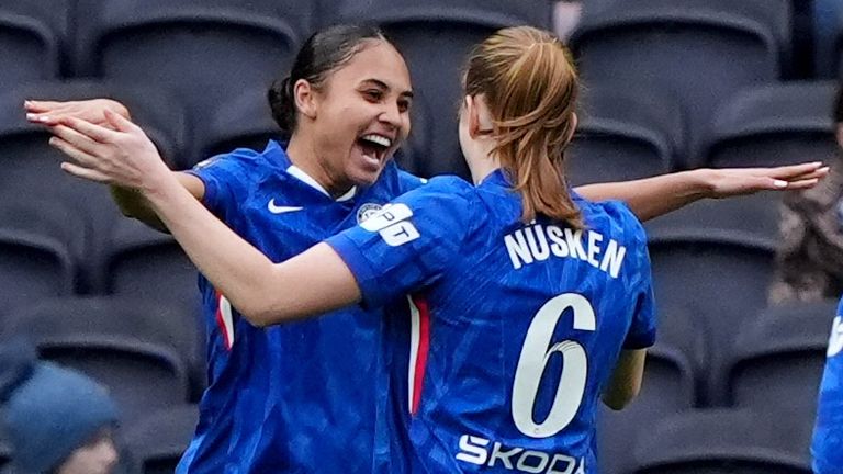 Alyssa Thompson celebrates after doubling Chelsea's lead at Spurs