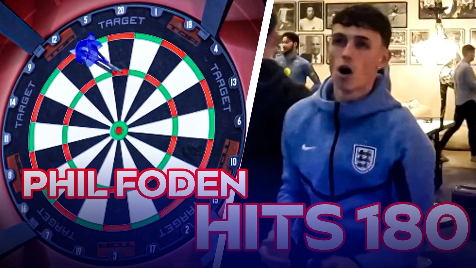 England's Phil Foden stuns Three Lions team-mates with a spectacular 180 in game of darts!