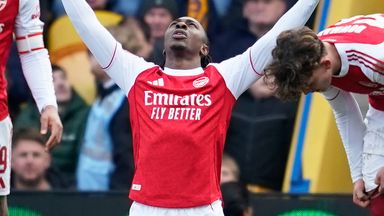 Eberechi Eze celebrates after firing Arsenal into a 2-1 lead at Mansfield