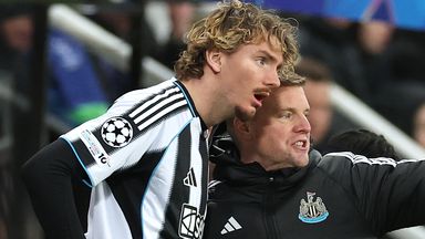 Eddie Howe gives instructions to substitute Nick Woltemade during the Champions League game against PSV