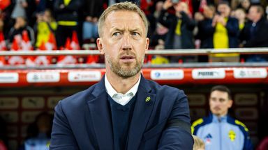 Sweden's head coach Graham Potter observes his players during the World Cup 2026 Group B qualifying soccer match between Switzerland and Sweden in Geneva, Switzerland, Saturday, Nov. 15, 2025. (Salvatore Di Nolfi/Keystone via AP)