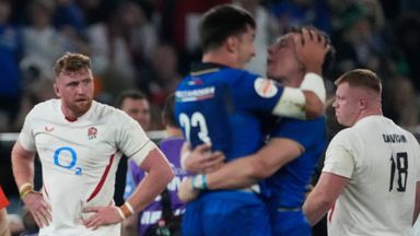 England's players stand on the pitch at the end of the Six Nations rugby union match between Italy and England in Rome, Saturday, March 7, 2026. (AP Photo/Gregorio Borgia)