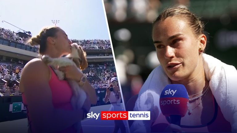 Aryna Sabalenka is joined by her adored dog on court after victory over Elena Rybakina to seal the Indian Wells title. 