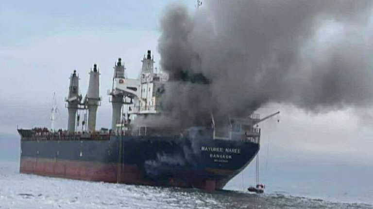 Thai cargo ship, Mayuree Naree, after it was struck and set ablaze in the Strait of Hormuz on 11 March. Pic: Royal Thai Navy via AP