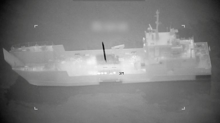A projectile approaches what U.S. Central Command (CENTCOM) says is an Iranian naval vessel, during strikes that included attacks on mine-la