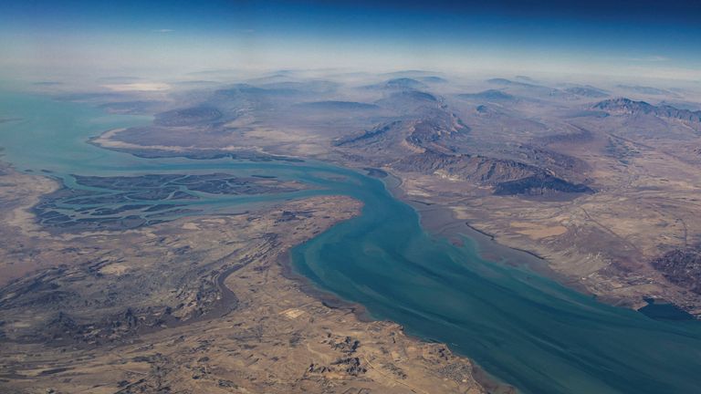 FILE PHOTO: An aerial view of the Iranian shores and the island of Qeshm in the strait of Hormuz, December 10, 2023. REUTERS/Stringer/File P