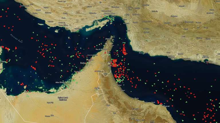 Satellite mapping from AIS ship trackers shows a build-up of stationary tankers in the Strait of Hormuz