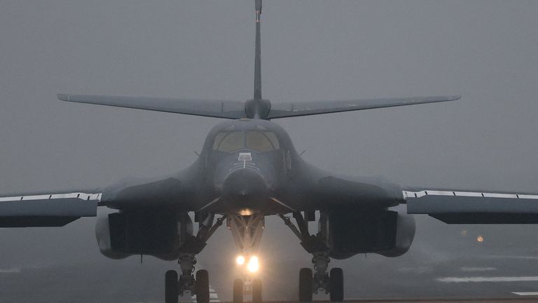 A United States Air Force bomber taxis after landing at RAF Fairford, Gloucestershire. Pic: Reuters